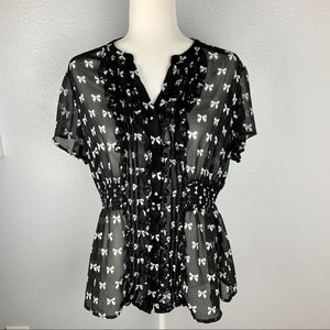 TORRID BOW PRINT CHIFFON SMOCKED BLOUSE
